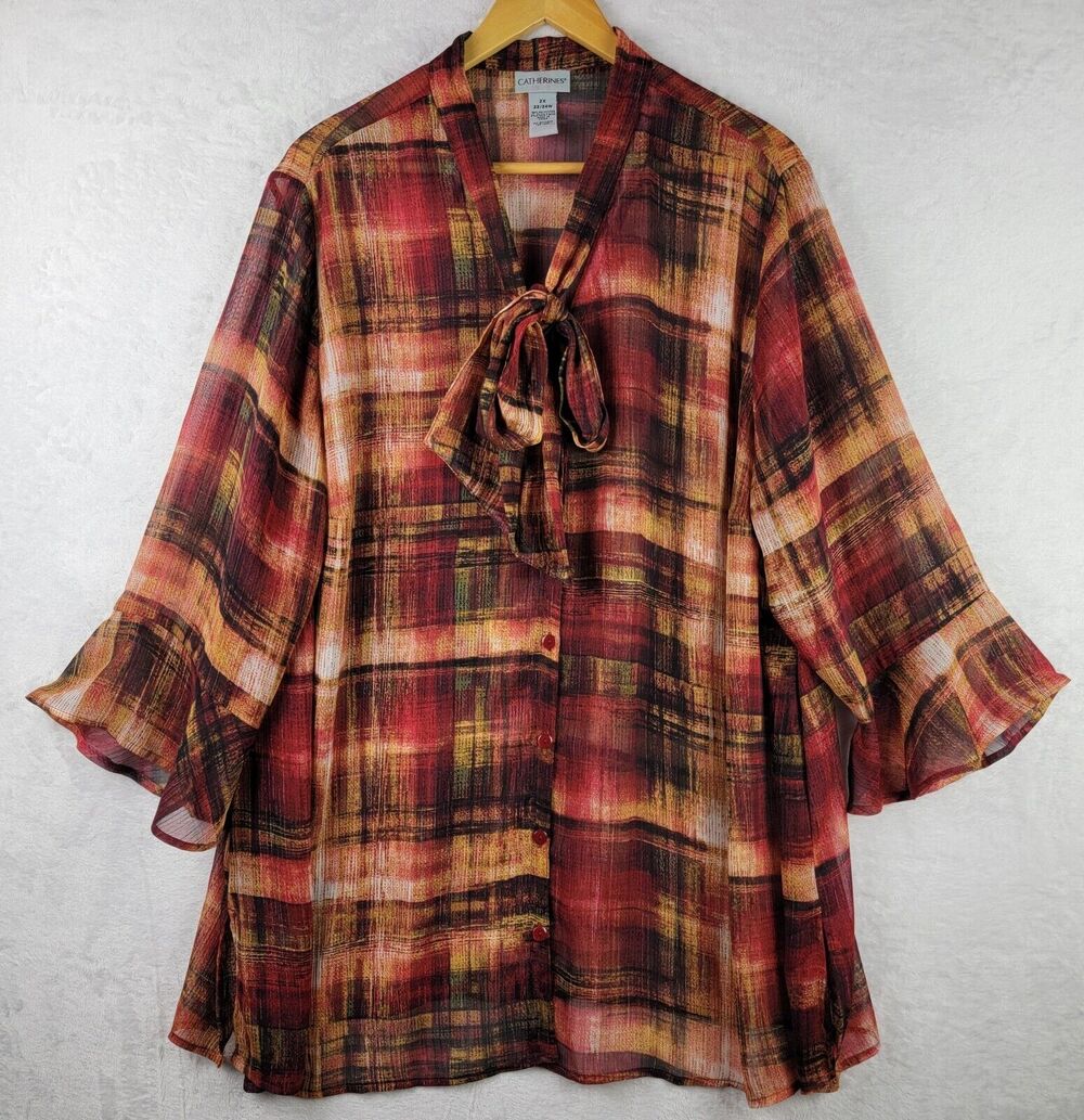 Catherines Blouse Women 2X 22 24 Sash Tie Button 3/4 Sleeve Multicolor Plaid Top